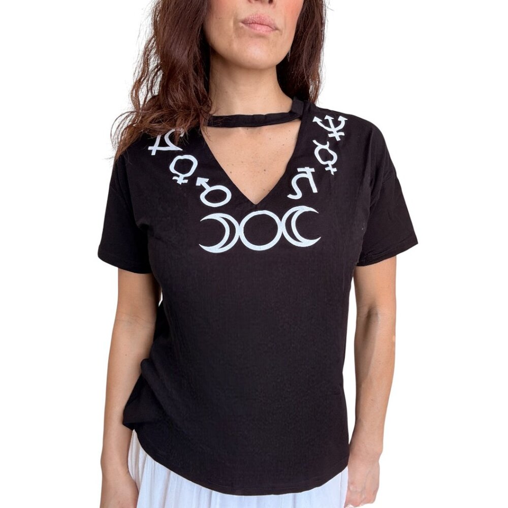 Restyle Witchcraft symbols V-neck with choker Black Fashion Tee - Goddess
